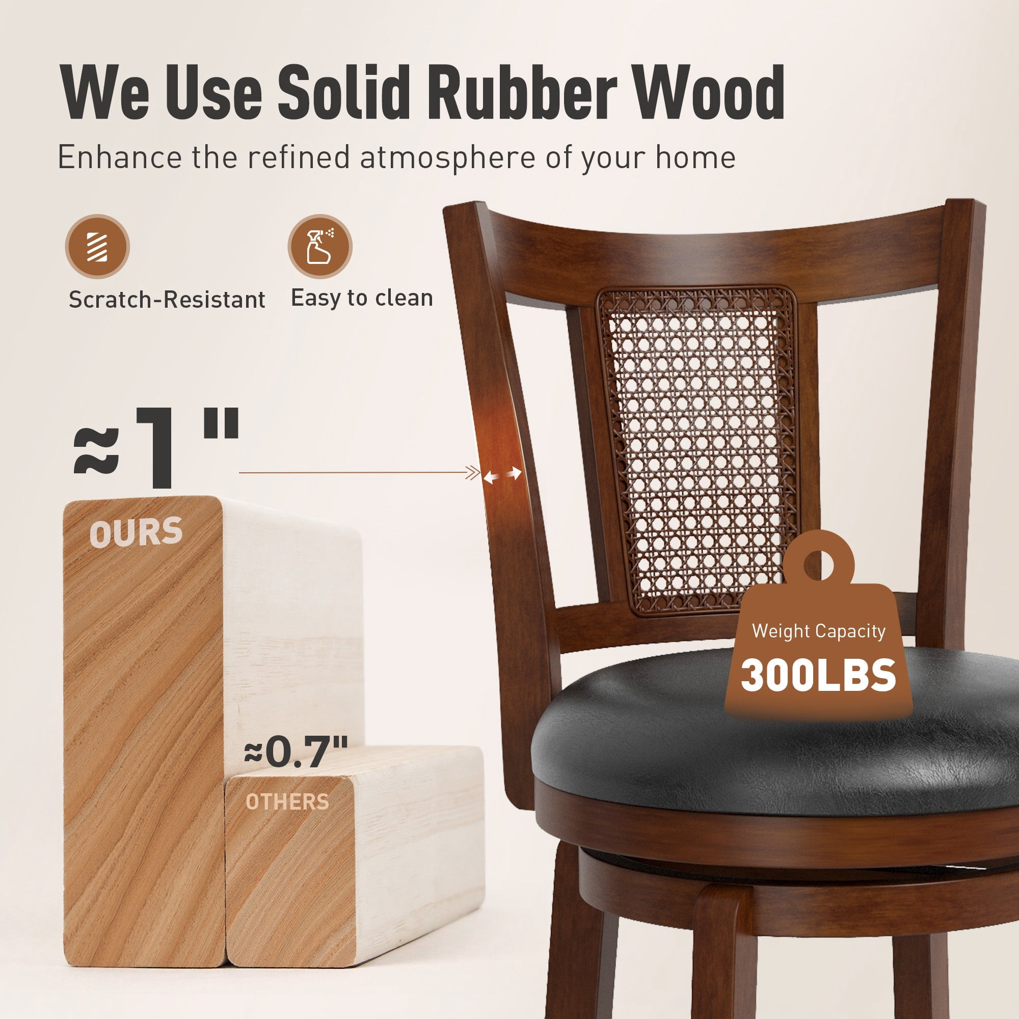 MF Studio 30" Wood Swivel Bar Height Stool with back Set of 2, Farmhouse Upholstered Pub Chair with Extra Large Seat & Hollow Pattern Back, Walnut