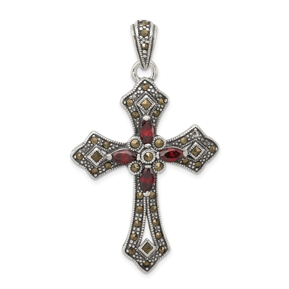 925 Sterling Silver Vintage Red Marquise Cubic Zirconia Cz Marcasite Cross Necklace Charm Pendant Religious Fleur De Lis