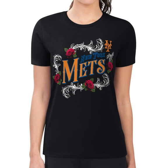 Women's G-III 4Her by Carl Banks  Black New York Mets Super-Slim Fit Lightweight Retro Roses T-Shirt