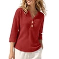 thumbnail image 2 of ClodeEU Women's Waffle Knit Henley V Neck 3/4 Roll Sleeve Tunic Top,Loose Solid Casual Shirt Red,Women's Plus XXL, 2 of 6