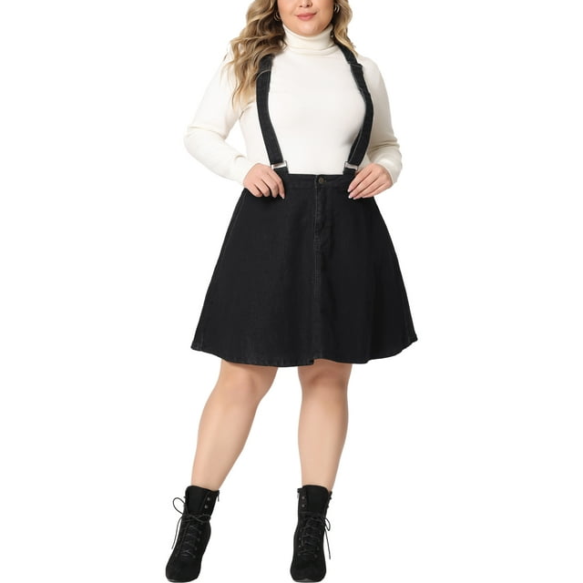 GRACE & GRANDEUR Women's Plus Size Adjustable Strap Jeans Suspender Cross Back Mini Denim A-Line Skirts Black 2X