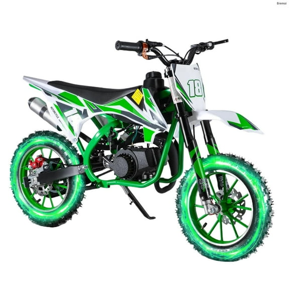 Bremoi 49cc Mini Dirt Bike 2-Stroke Kids Gas Bike with Off-Road Tires Shock Absorption Springs Soft Seat Cushion Max Load 330Lbs Pull Start Cooperate Disc Brakes and Up to 25mph  Green