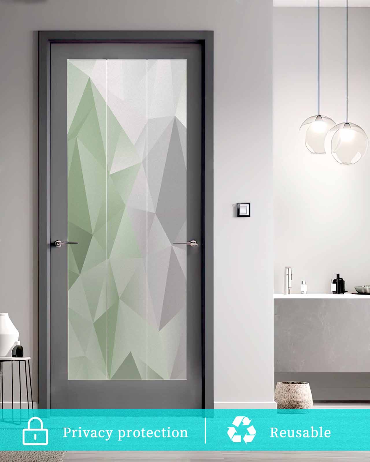 Window Privacy Film, Sage Green Grey Ombre UV Sun Blocking Window Tint Film Heat Control One Way Blackout Window Film, Geometric Gradient Marble Color Block Non Adhesive Static Cling 23.6x59 In