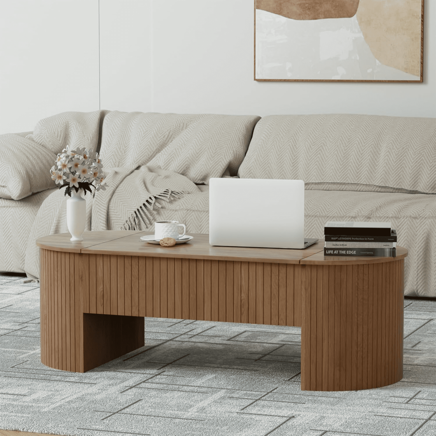 Diubas Oval Lift Top Coffee Table with Hidden Storage, Fluted Coffee Table Center Table for Home Living Room, Walnut