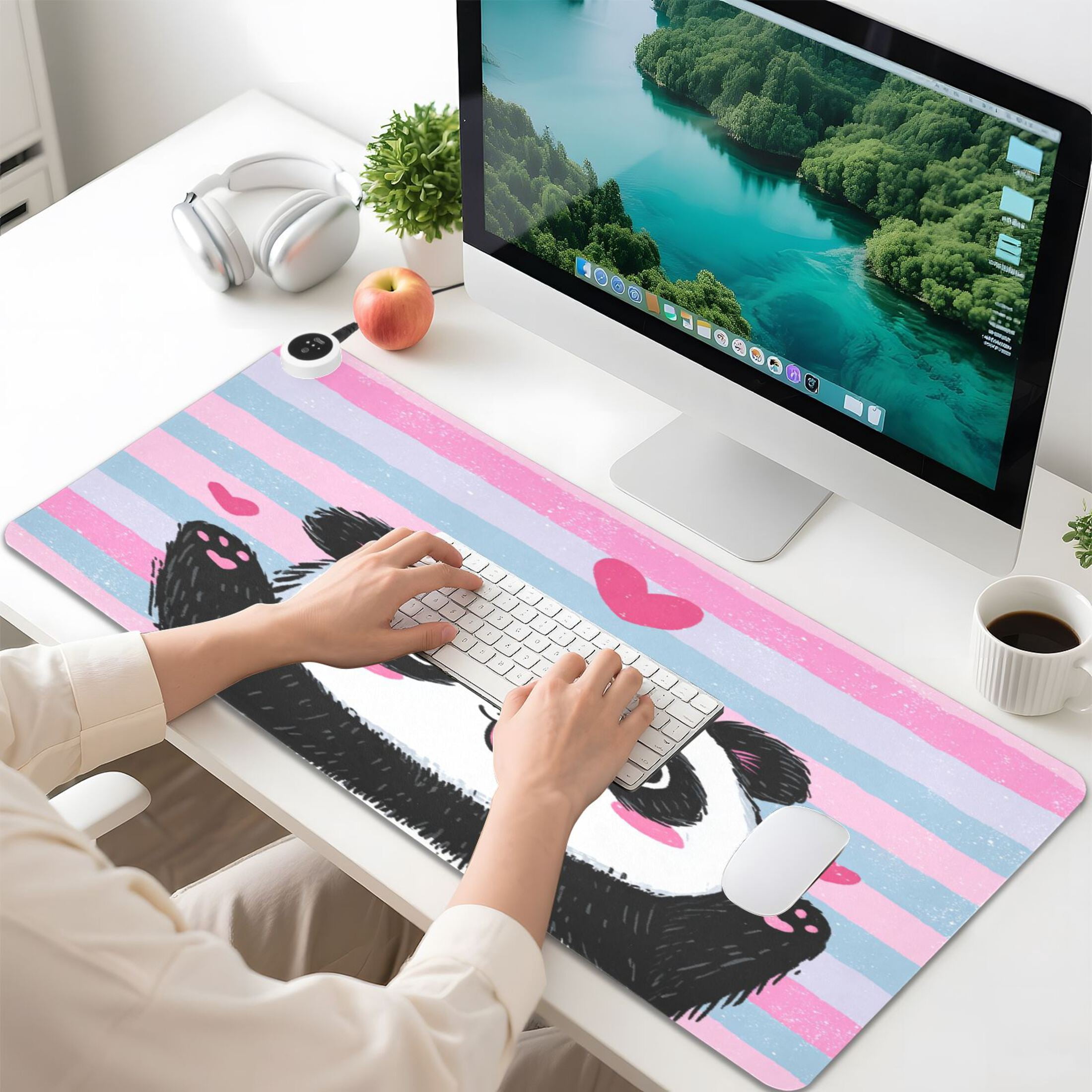 Large Heated Desk Mat Mouse Pad 31.5"x13"PU Leather Graphene Heating Desk Warmer with 3 Temperature Settings 110V US Plug Non-Slip Warm Pad for Home, Office, and Gaming Adorable Panda Love Design