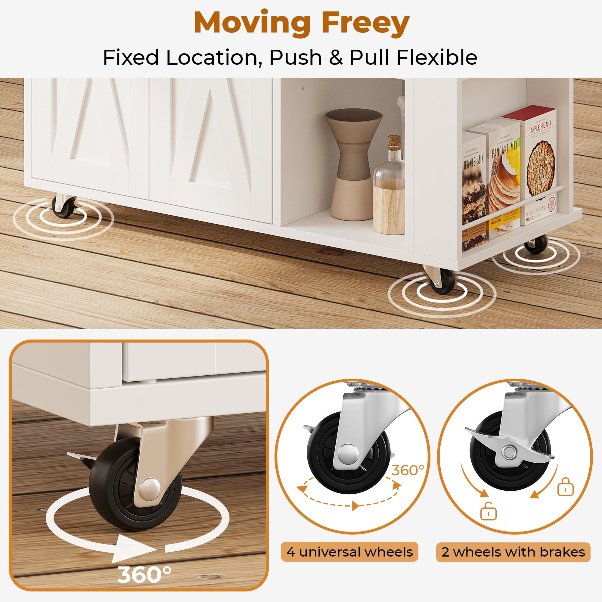 IRONCK Rolling Kitchen Islands Cart on Wheels with wine rack, folding tabletop, 1 drawer, 2 cabinets, 3 open shelves, and towel rack，White