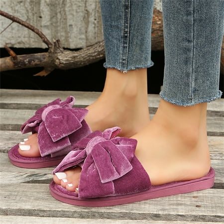 

Cathalem Women Slipper Socks Ladies Fashion Solid Color Bow Knot Comfortable Warm Flat Casual Slippers for Women Indoor Outdoor Hot Pink 8