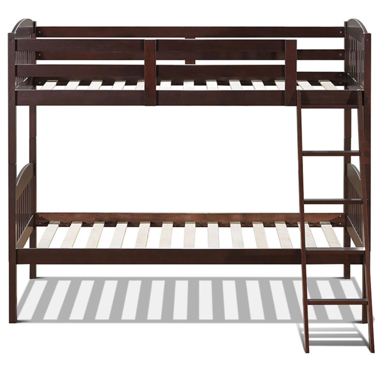 Demi Bonn Solid Wood Twin Over Twin Bunk Bed with Detachable Ladder, Twin Bunk Beds, Converts to 2 Individual Twin Beds, Brown