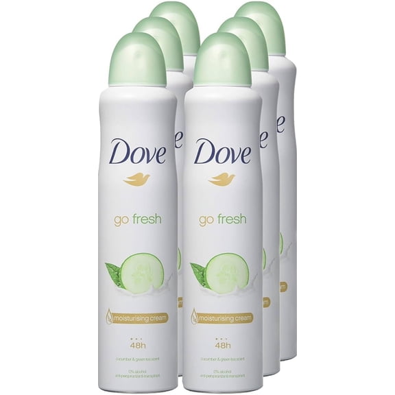 Dove Go Fresh Antiperspirant Spray, 48-Hour Protection, ¼ Moisturizing Cream, 6 Pack with Cucumber & Green Tea, 6 Pack