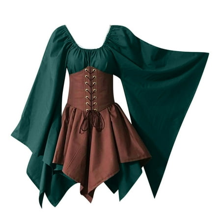 

Chiccall Long Sleeve Dress for Women Renaissance Medieval Costume Dress Lace Up Vintage Gothic Trumpet Sleeves Cosplay Retro Gown on Clearance