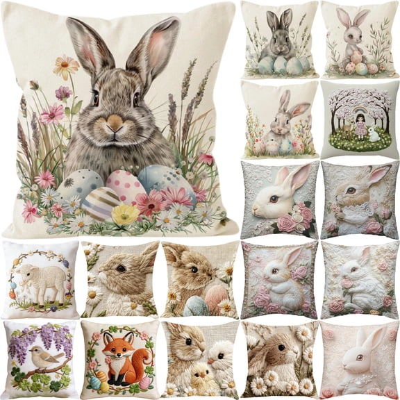 Fwttom Pillow Covers 18x18 Easter Themed Eggs and Bunny Floral Patterns Spring Farmhouses Decorative Pillow Covers