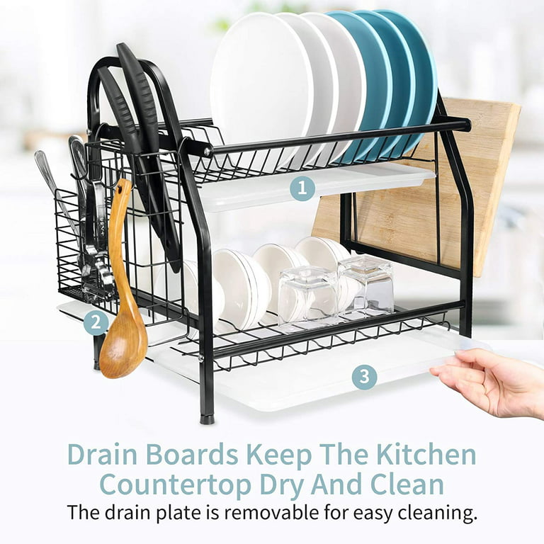 SNTD Dish Drying Rack, Collapsible 2-Tier Large Dish Rack for Kitchen  Counter, Auto-Drain Dish Drainer with Drainboard Utensil Knife Holder  (White)