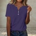 thumbnail image 2 of Olyvenn Womens T Shirts V Neck Buttons Down Tops Casual Summer Tees Short Sleeve Loose Fit Fashion Solid Tops Blouses Purple M, 2 of 5