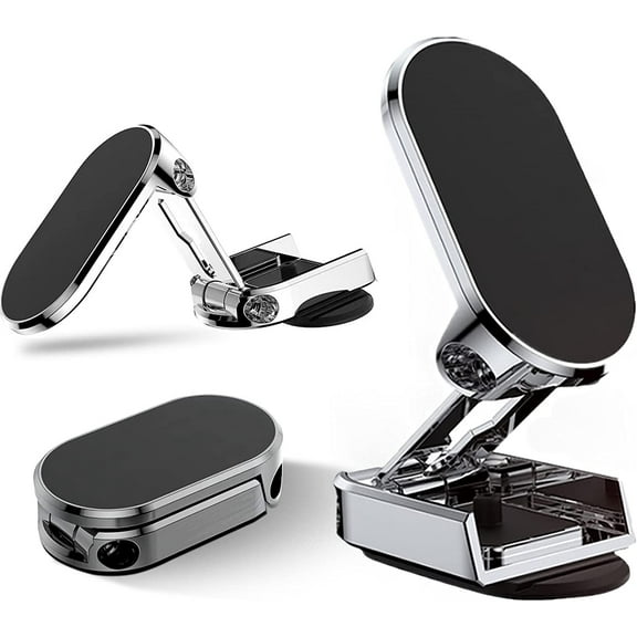 Magnetic Car Phone Holder, Alloy Foldable Magnetic Car Phone Mount, Multi-Functional 360° Rotation Phone Magnet for Car Dashboard Universal Phone Holder (Silver)