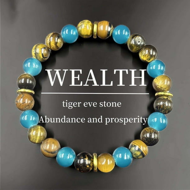Pulsera de cristal de ojo de tigre y apatita azul y pulsera de piedra para atraer la riqueza para mujer, joya boho ajustable con cuentas, para uso diario