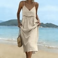 thumbnail image 4 of fheaev Women's Maxi Dress Linen Spaghetti Strap V Neck Lace Trim Sleeveless for Beach Vacation Beige L, 4 of 7