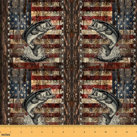 jejeloiu Bass Big Fish Fabric by the Yard 3 Yards,Retro Us Flag Sewing Fabric,Country Farmhouse Lodge Fabric for Sewing For Teens,Ultra Soft Home Decor