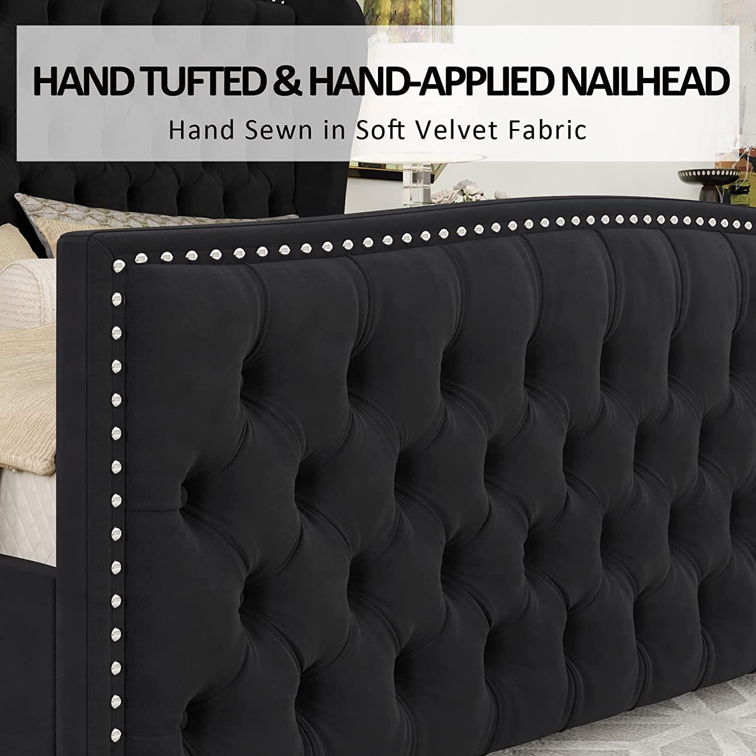 Amerlife Queen Bed Frame with Velvet Upholstery, Tufted Wingback Headboard and Nailhead Trim, Black