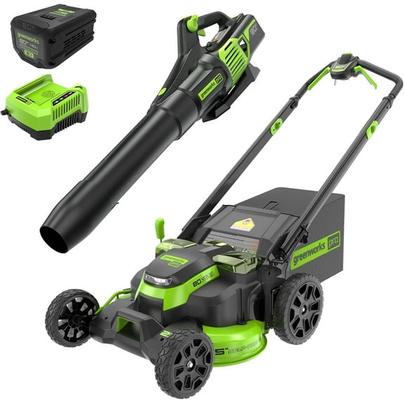 Greenworks 80V 25" Cordless Battery Brushless Self-Propelled Rear Wheel Drive 3-in-1 Lawn Mower,730 CFM Cordless Leaf Blower Combo Kit w/ (1) 4.0Ah Battery and (1)Rapid Charger