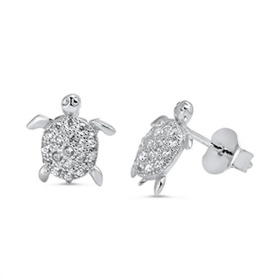 Animal Tiny Studded Turtle Clear Cubic Zirconia .925 Sterling Silver Earrings Jewelry Female Unisex