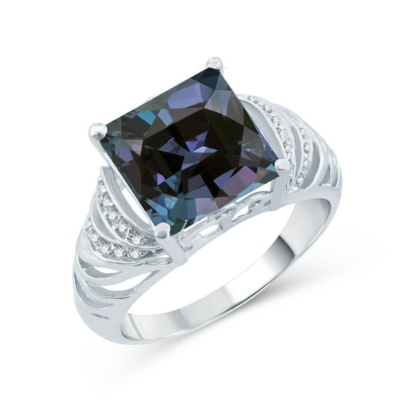 Sterling Silver with Color Changing Alexandrite and Natural White Topaz Square Cocktail Ring