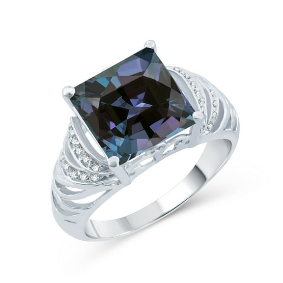 Sterling Silver with Color Changing Alexandrite and Natural White Topaz Square Cocktail Ring