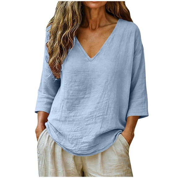 vigerkar Shirts for Women Plus Size 3/4 Sleeve Summer Causal Flowy Boho Gauze Tops Breathable Loose Peasant Blouses (Blue, 4XL)