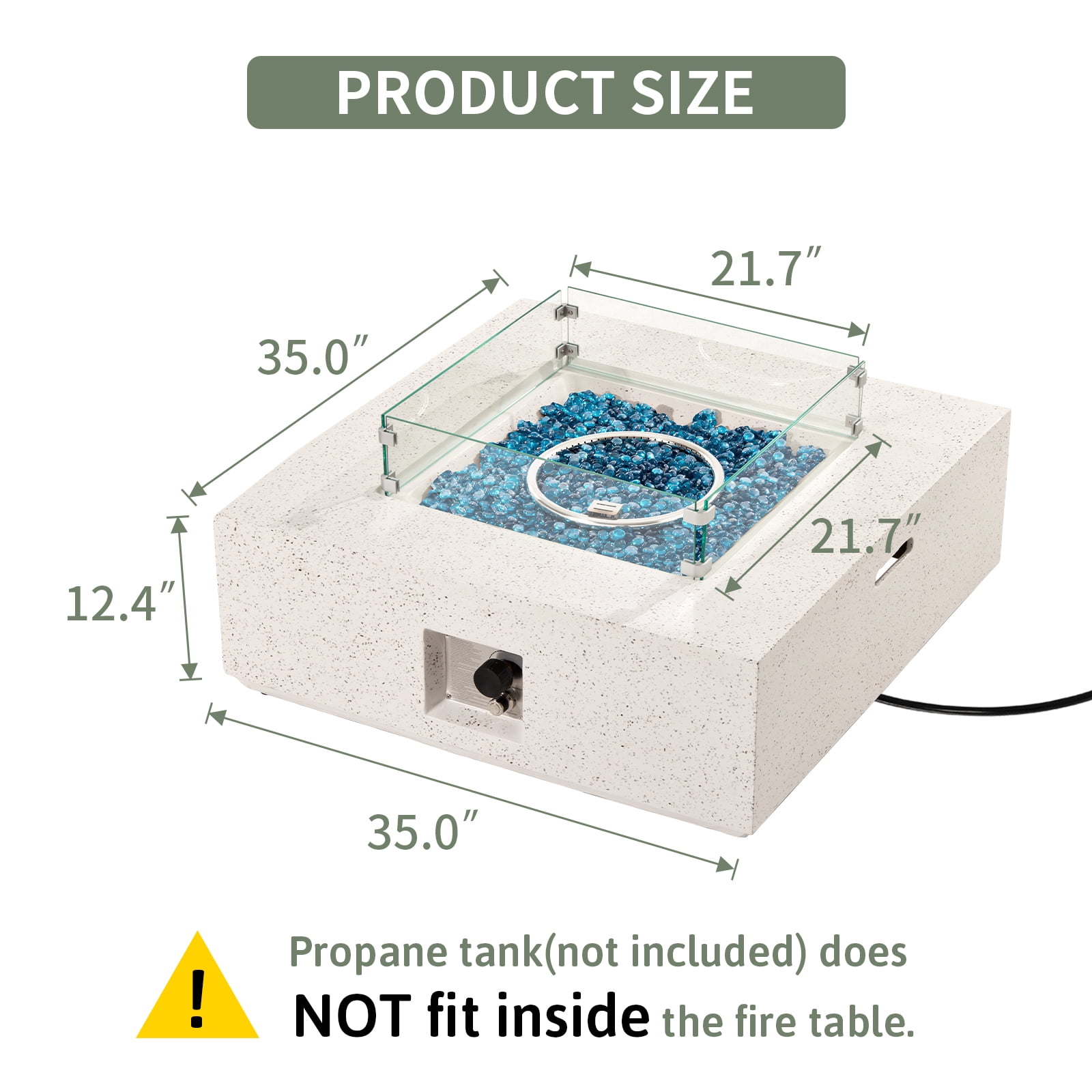 VENTOPYR Outdoor Propane Square Fire Pit Table, Terrazzo White Faux Stone 35-inch Planter Base, 50,000 BTU Stainless Steel Burner, Aqua Blue Fire Glass and Rain Cover, Metal Lid