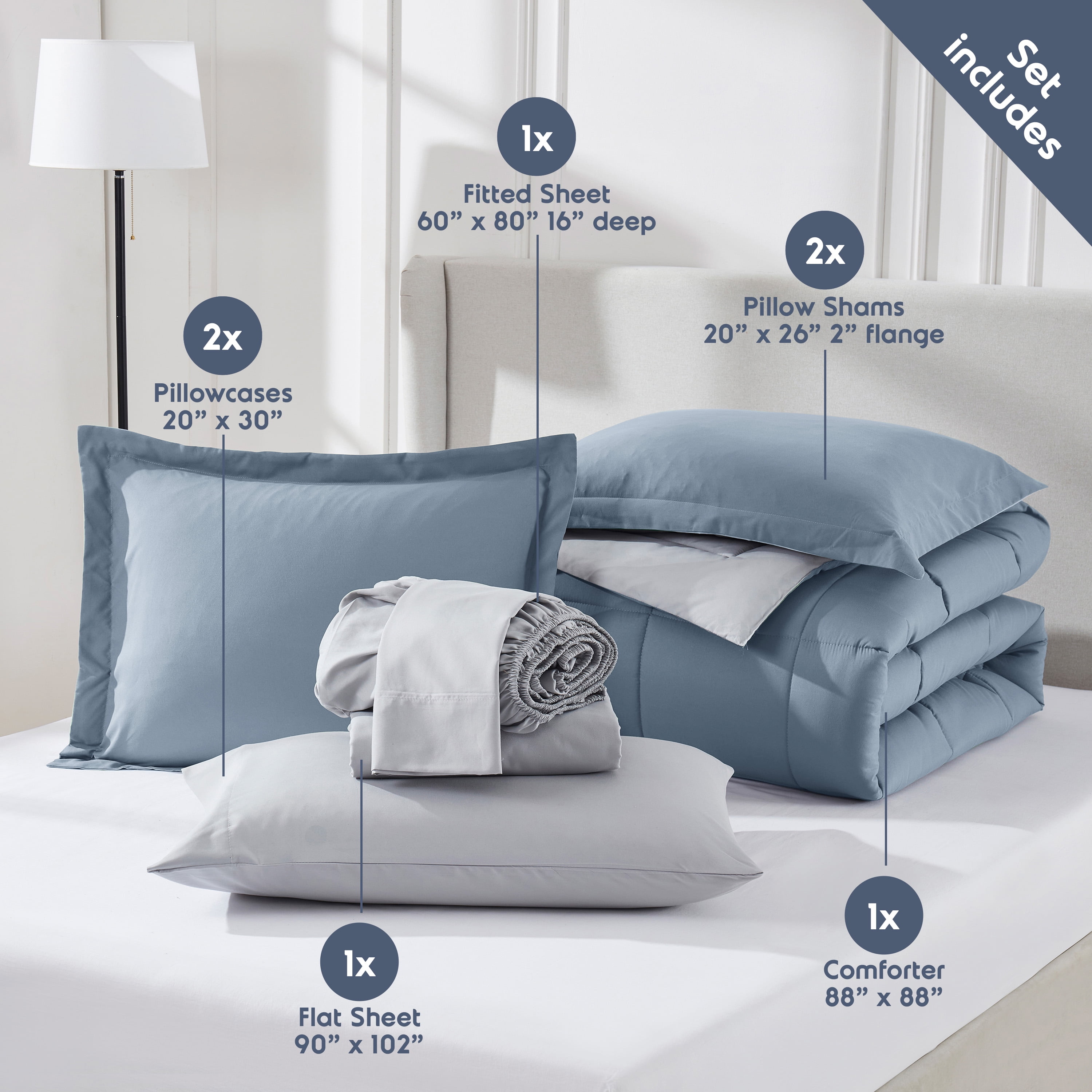 LammaLoe California King Comforter Set, With Sheets, Reversible Bed In A Bag 7 Piece, Bedding Set, Stone Blue