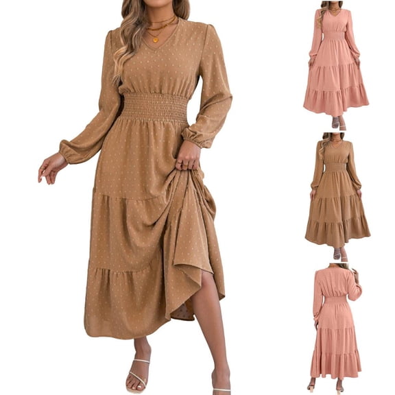 Bxsruta Womens Long Sleeve Maxi Dress V Neck Flowy Tiered Sundress Casual Long Dresses for Women