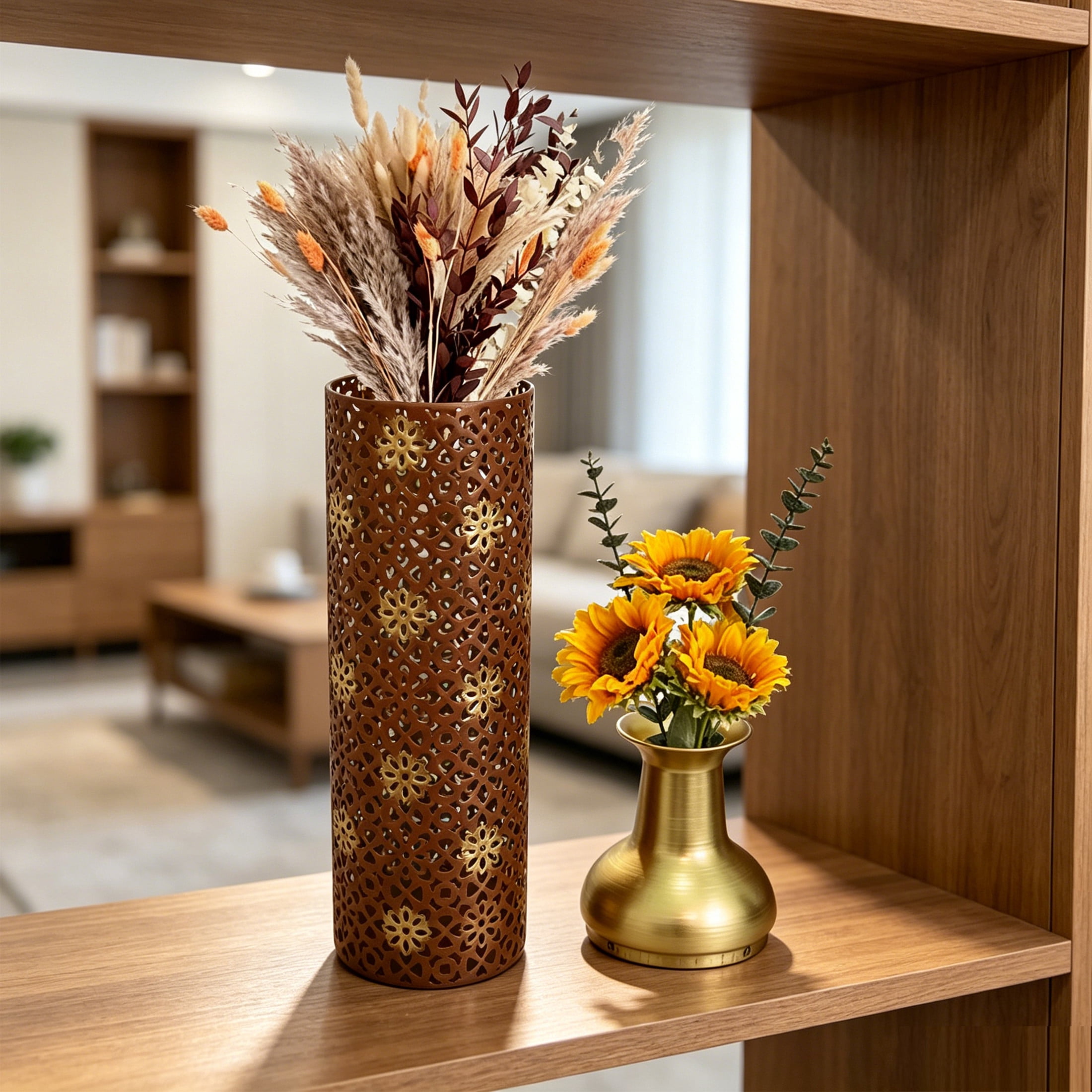 Noble House Set of 3 Decorative Metal Floor Vases, Floral Pattern Tall Vases for Home Decor, Rustic Brown+Gold