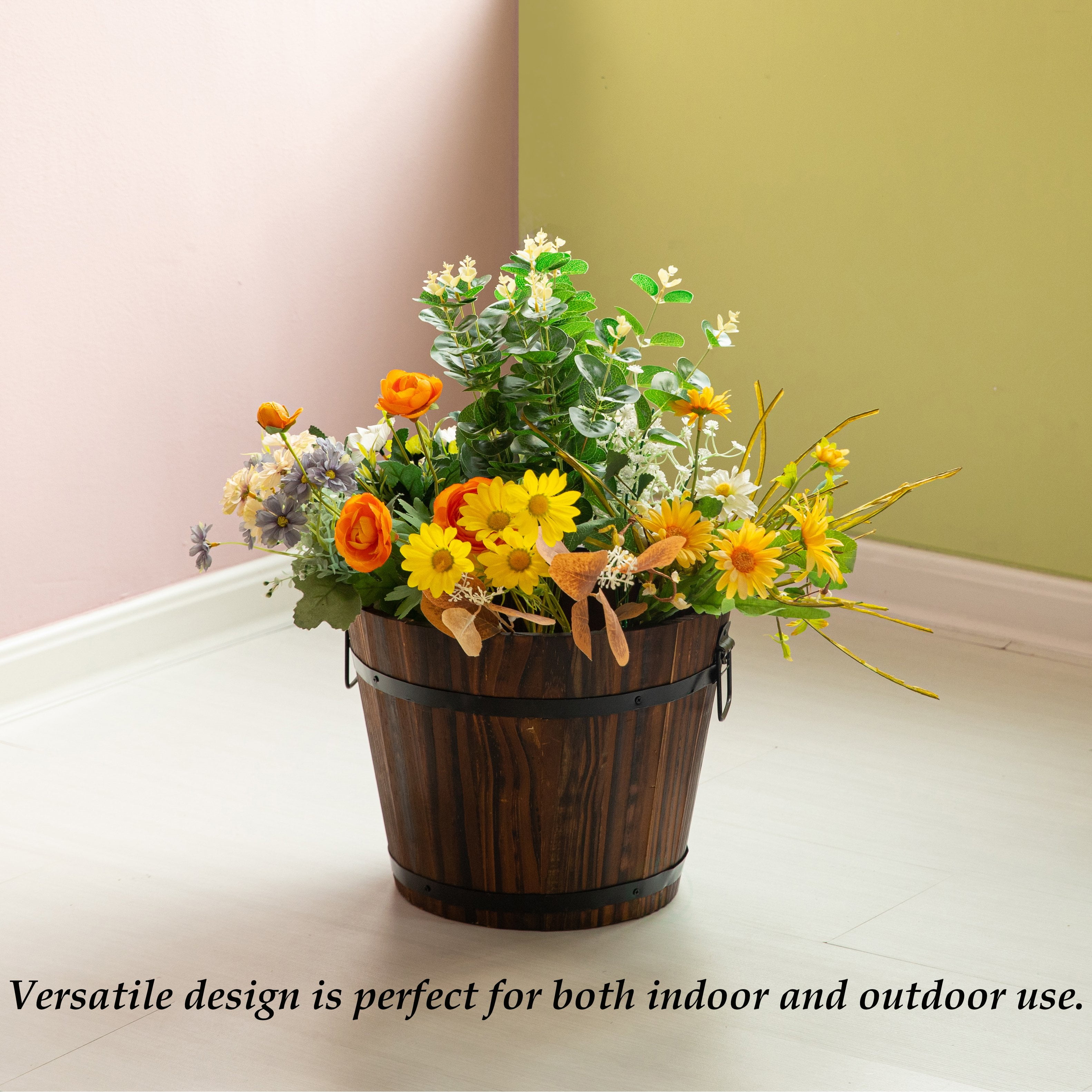 Small Wooden Whiskey Barrel Planter, 12" Dia 10" High