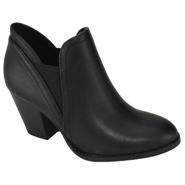 elastic panel slip on chunky heel ankle booties