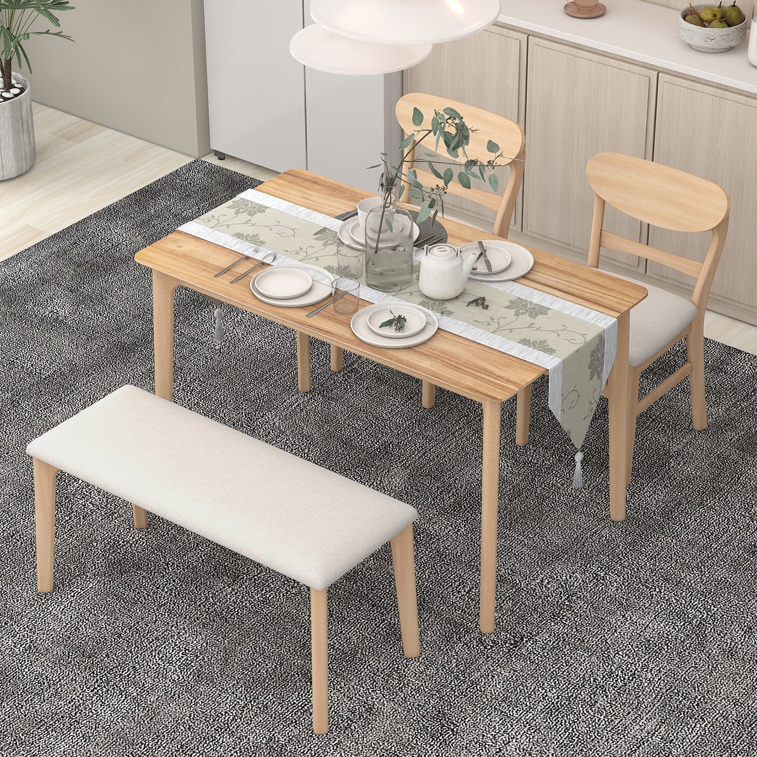 Kadyn Dining Table Set for 4, Solid Wood Dining Set with 2 Chairs and 1 Bench, Modern Dining Table Set for Dining Room, Natural Wood Wash Kadyn Dining Table Set for 4, Solid Wood Dining Set with 2 Chairs and 1 Bench, Modern Dining Table Set for Dining Room, Natural Wood Wash