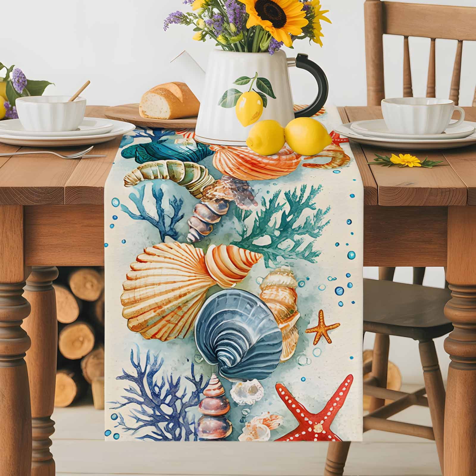 Ocean Starfish Shell Conch Table Runner 90 Inches Long, Sea Coral Underwater World Table Runners Tabletop Scarf Kitchen Dining Tables Decoration for Home Party Indoor Outdoor