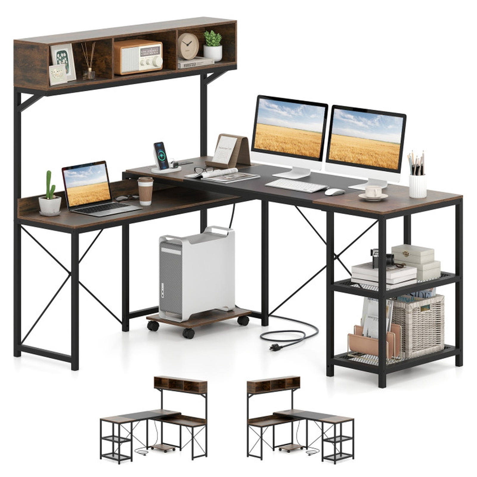 Furnibear L-Shaped Computer Desk with Power Outlets 62 Inches Corner with Storage Hutch Writing Workstation Home Office for Bedroom Study, Brown