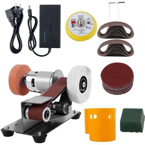 OKYMOTOR Mini Belt Sander 7-Speed Variable Electric Belt Grinder with 15° Fixed Angle for Metal Jewelry Knife Sharpening, 304 Stainless Steel