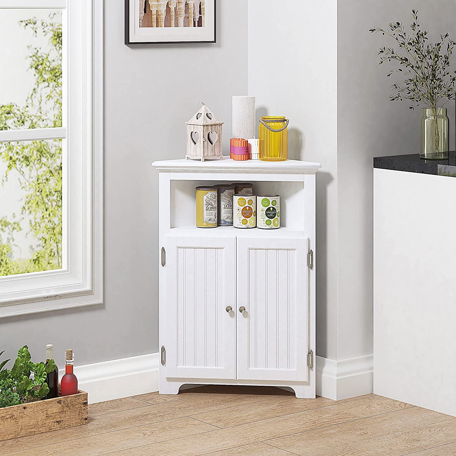 UTEX Corner Storage Cabinet, Bathroom Floor Corner Cabinet with Doors and Shelves,Free Standing Storage Cabinet for Bathroom, Kitchen, Living Room, White