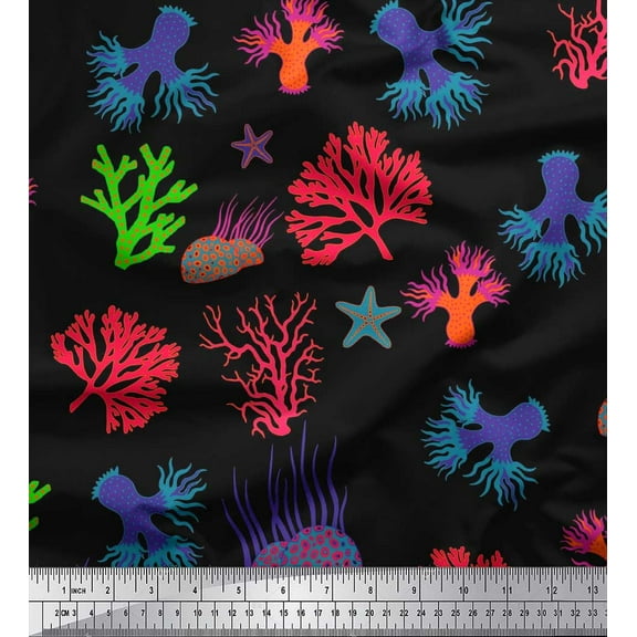 Soimoi Cotton Duck Fabric Coral & Starfish Ocean Print Fabric by the Yard 42 Inch Wide