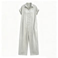 thumbnail image 5 of Women's Solid‑Color Short‑Sleeve Button‑Front Jumpsuit V‑Neck Loose Casual Wide‑Leg One‑Piece Long Pants with Pockets Gray M(M), 5 of 5