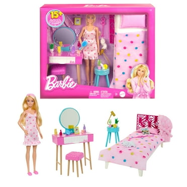 Barbie Doll and Bedroom Playset, Barbie Furniture with 20  Storytelling Pieces, Robe & Kitten
