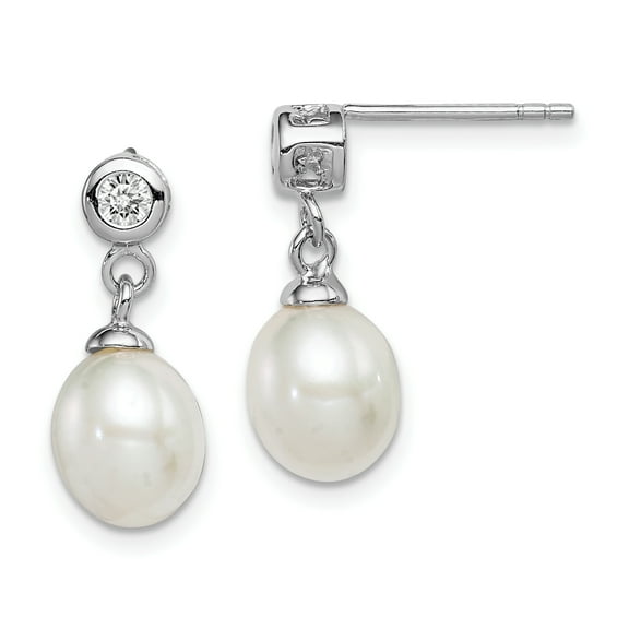 Primal Silver Sterling Silver Rhodium-plated 7-8mm White Freshwater Cultured Pearl Cubic Zirconia Post Dangle Earrings