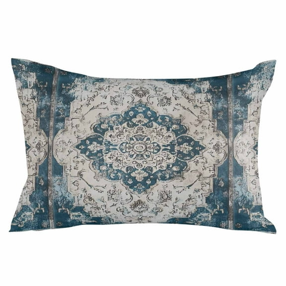 Boho Flower Blue Gray Throw Pillow Cover 20 x 30 Inch Decorative Pillow Cover Retro National Floral Textured Lumbar Pillowcase Seasonal Rectangle Cushion Case for Couch Sofa Bed Living Room