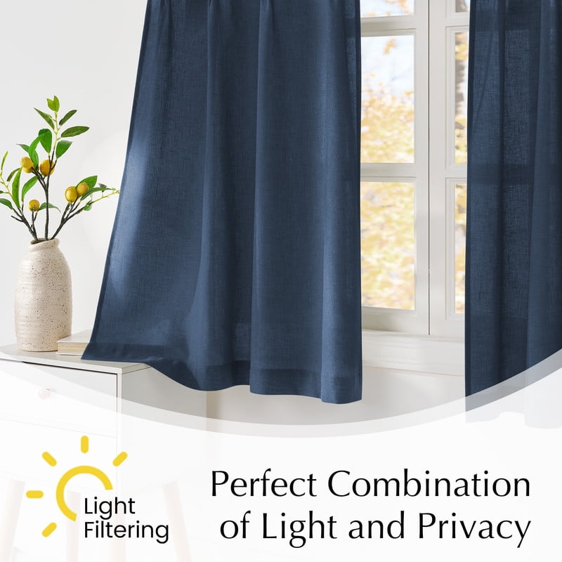 NICETOWN Linen Kitchen Curtains 36 Inches Long, Navy Blue Pinch Pleated Cafe Curtains Rustic Light Filtering Short Curtains for Bedroom Living Room, 26"x36", 1 Pair