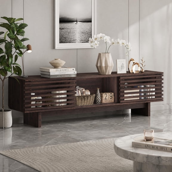 63 Inch TV Stand – Farmhouse Entertainment Center with Louvered Door, Mid Century Media Console with Storage, for Living Room