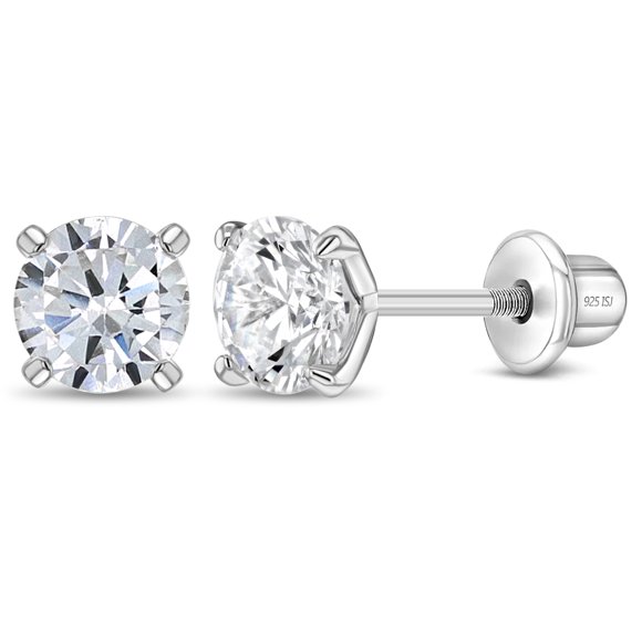 925 Sterling Silver 4mm Prong Set CZ Solitaire Screw Back Earrings for Girls
