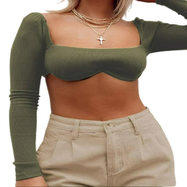 Women Rib Knit Crop Tops Long Sleeve Square Neck Stretchy Blouse