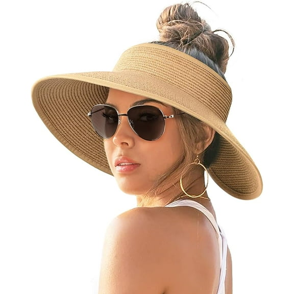 Sun Hats for Women Wide Brim Beach Hat Straw Visor Ponytail Summer UV Packable Foldable Beach Vacation Essentials