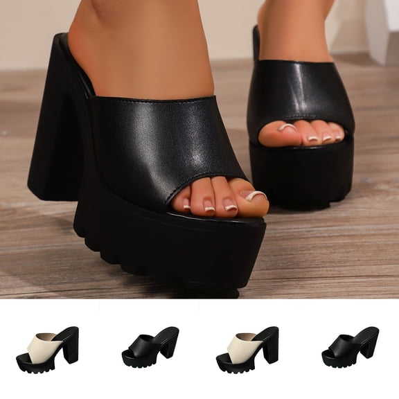 Women's Platform Heel Sandals, Chunky Heel Open Toe Mules for Women, Trendy Casual Slip On Sandals Wide Width for Spring Summer, Black/White