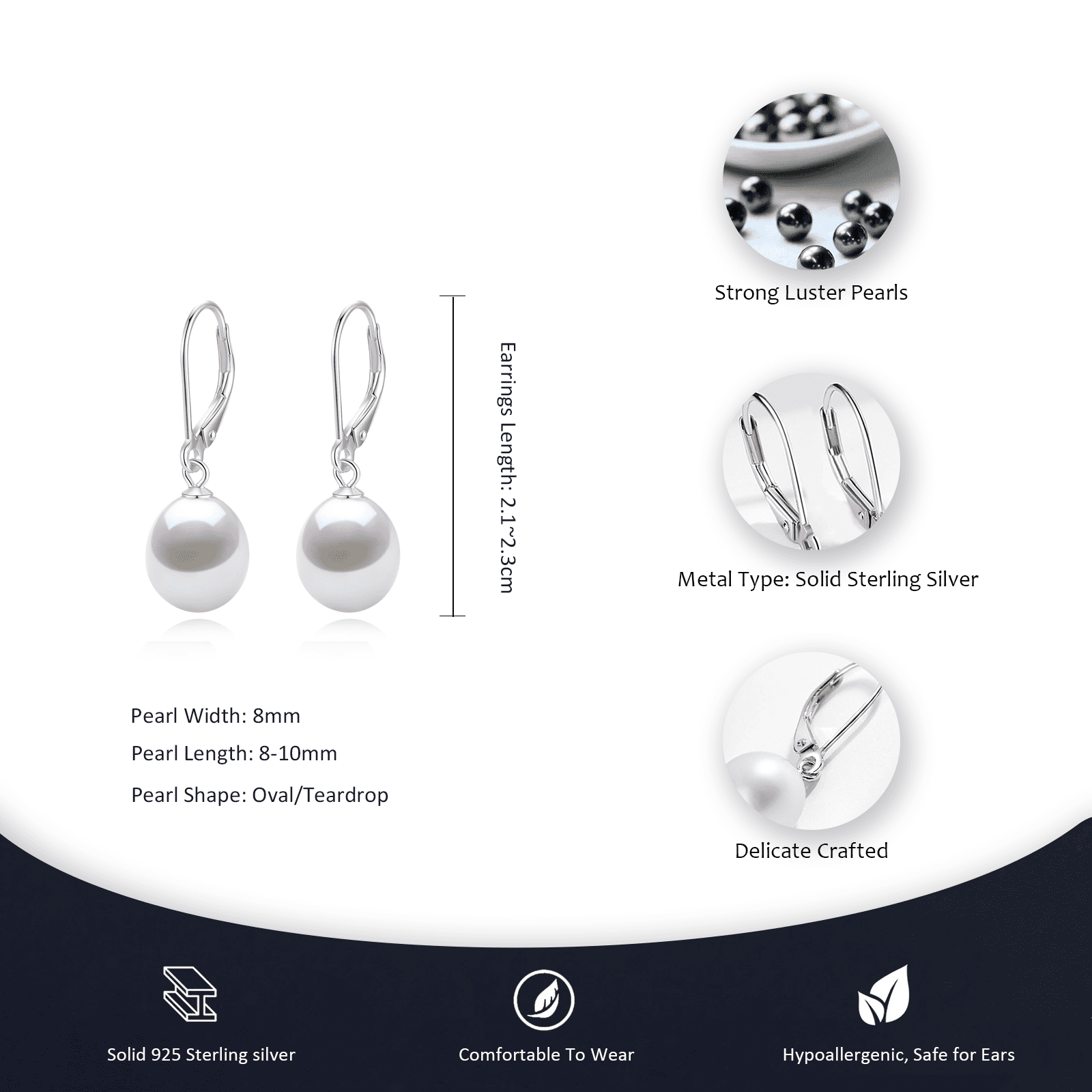 BAMIKI 9-10 mm Cultured Pearl Drop Earrings for Women, 925 Sterling Silver Leverback Dangle Earrings, Hypoallergenic Jewelry Gift